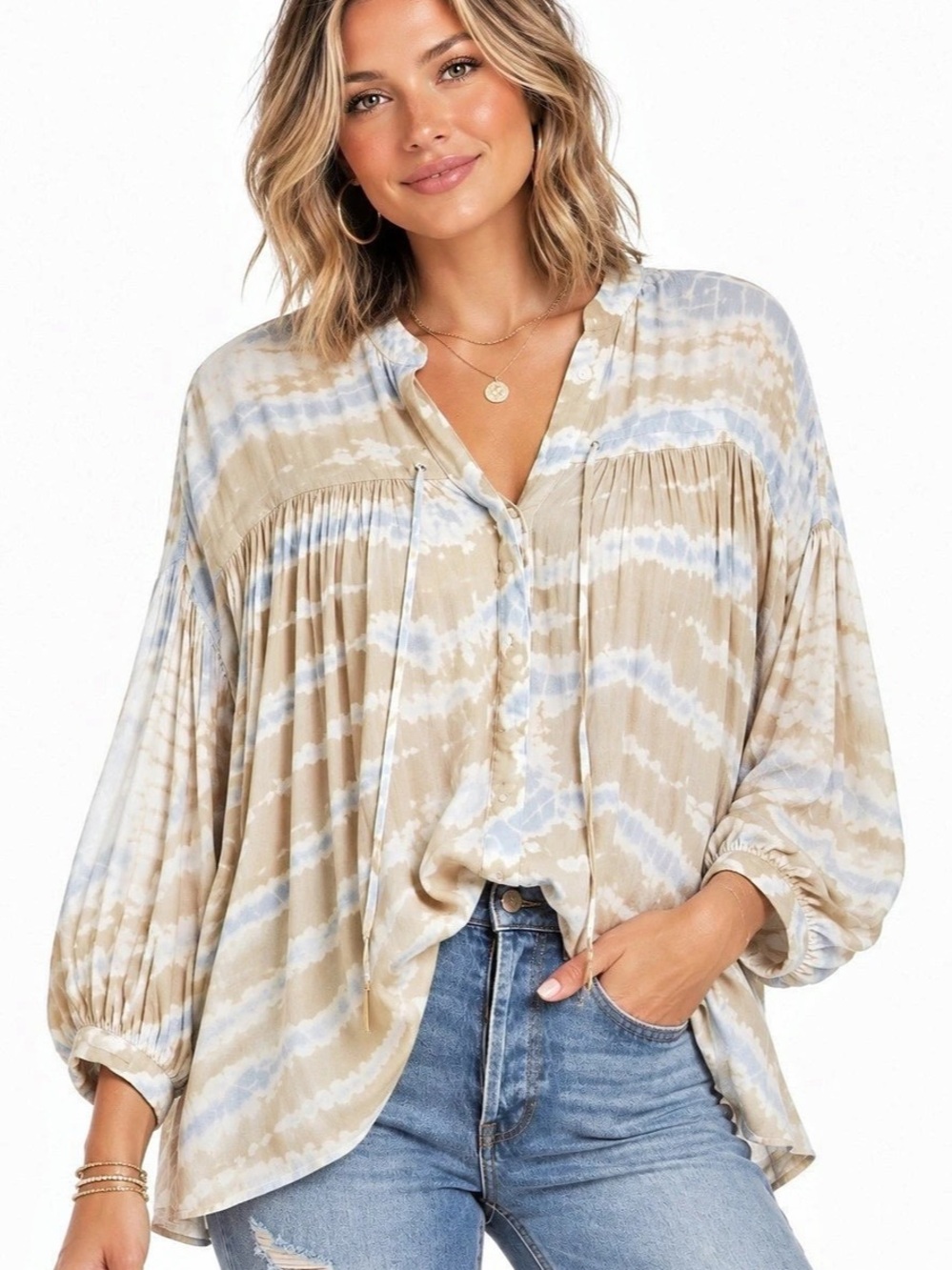 Young Fabulous & Broke Oversized Tie-Dye Blouse in Blue & Gray Size Small